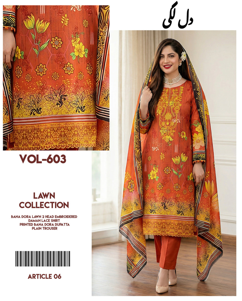 Dil Lagi - 3-Piece Embroidered Bana Dora Lawn Suit(Unstitched)