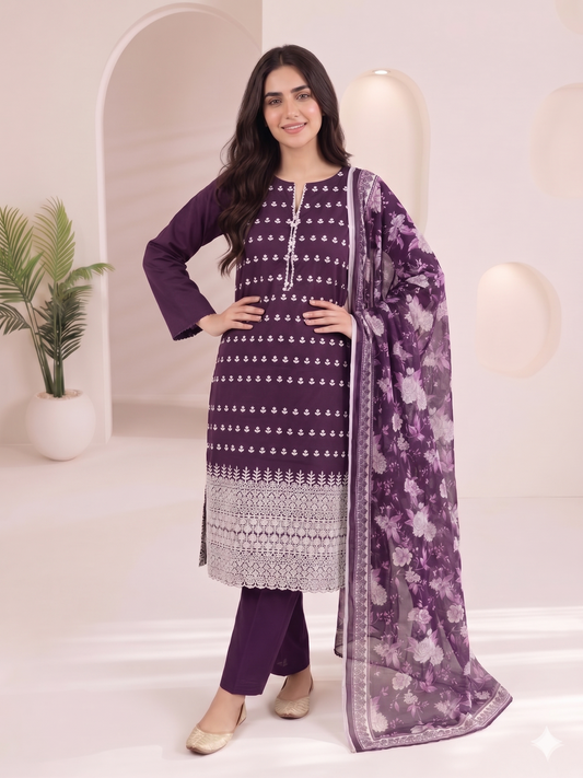 Summer Special Chicken Kari Lawn 3-Piece Suit - Semi-Stitched/Stitched (L, XL)