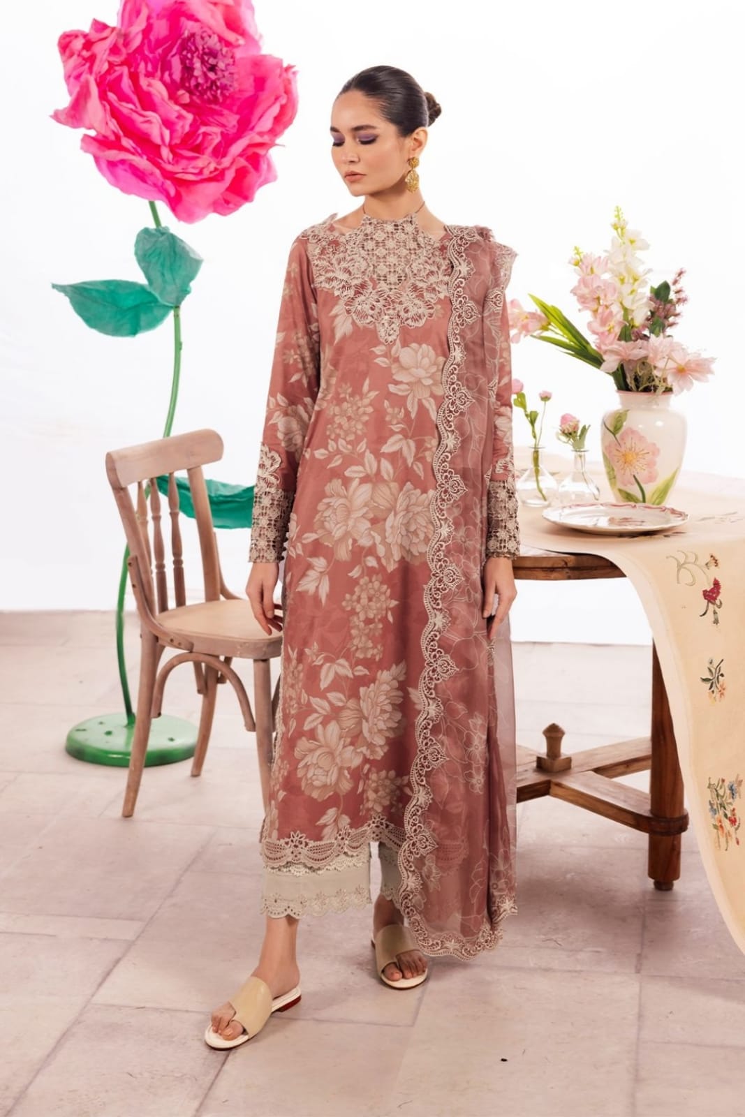 Iznik Printed Linen with printed Dimond Stapple Soft Dopatta*