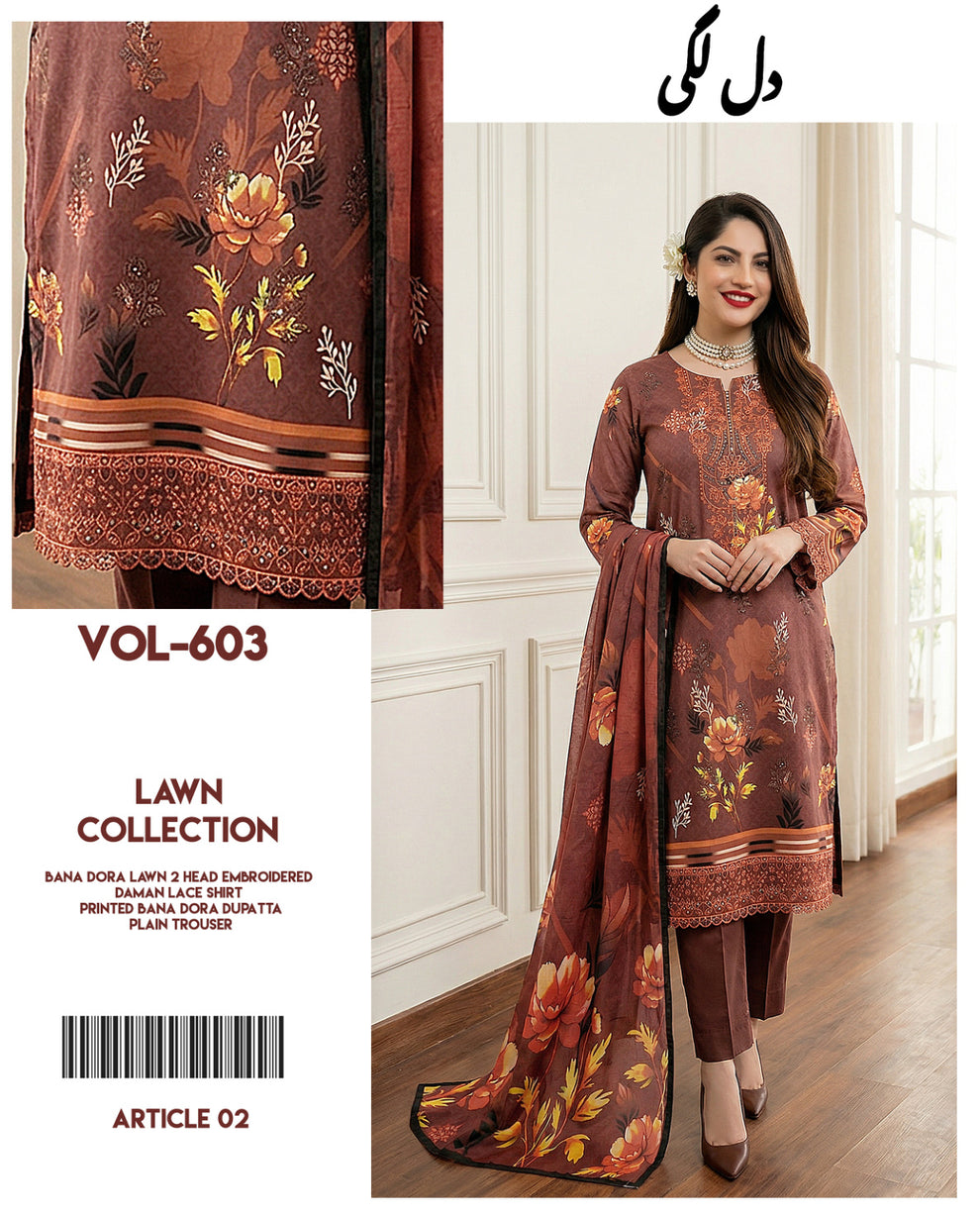 Dil Lagi - 3-Piece Embroidered Bana Dora Lawn Suit(Unstitched)