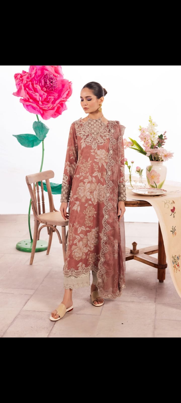 Iznik Printed Linen with printed Dimond Stapple Soft Dopatta*