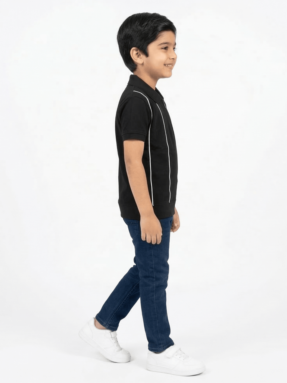 Boys Black Striped Zip Polo Shirt VP23-B