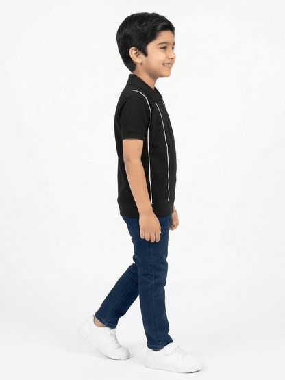 Boys Black Striped Zip Polo Shirt VP23-B