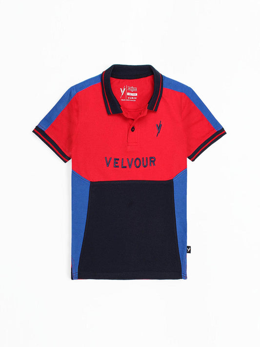 Tipping Collar Boys Polo Shirt Velvour Embroidered Red And Navy