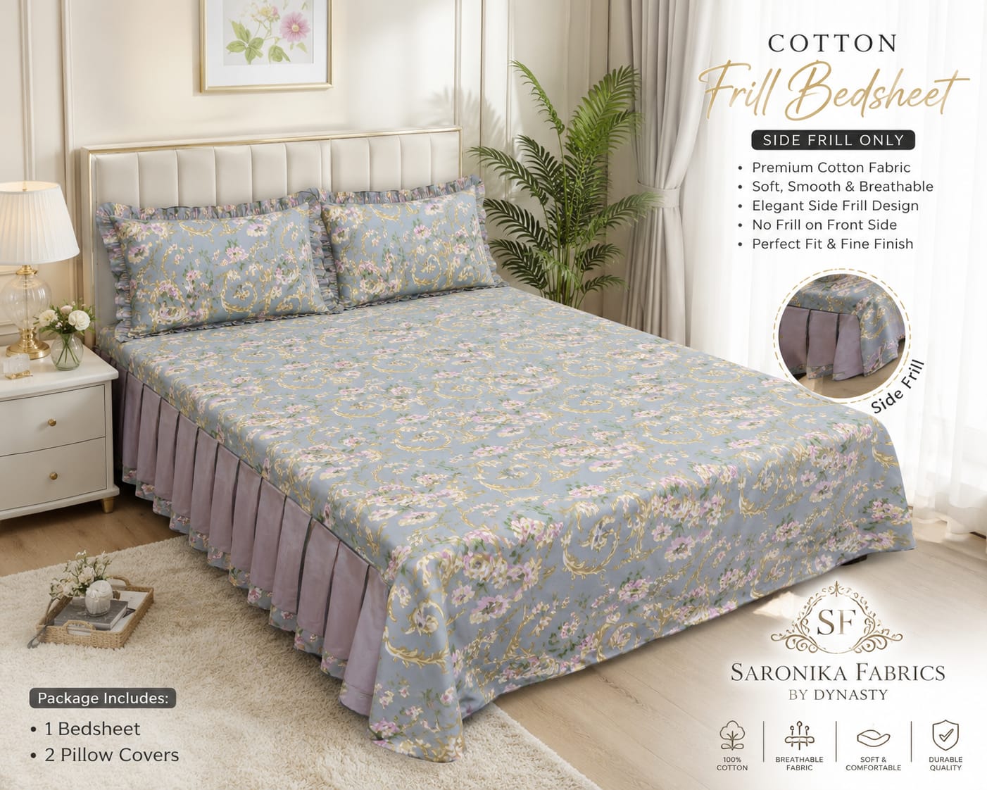 🌸 *Premium Cotton Frill Bedsheet Set 🌸*