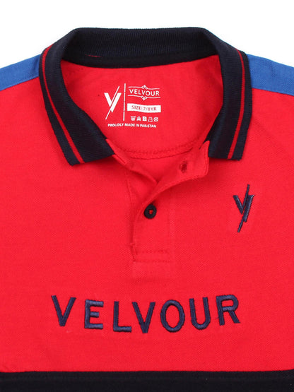 Tipping Collar Boys Polo Shirt Velvour Embroidered Red And Navy