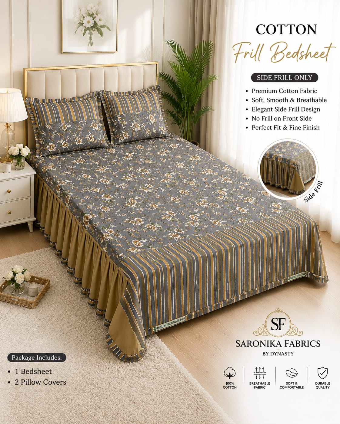 🌸 *Premium Cotton Frill Bedsheet Set 🌸*