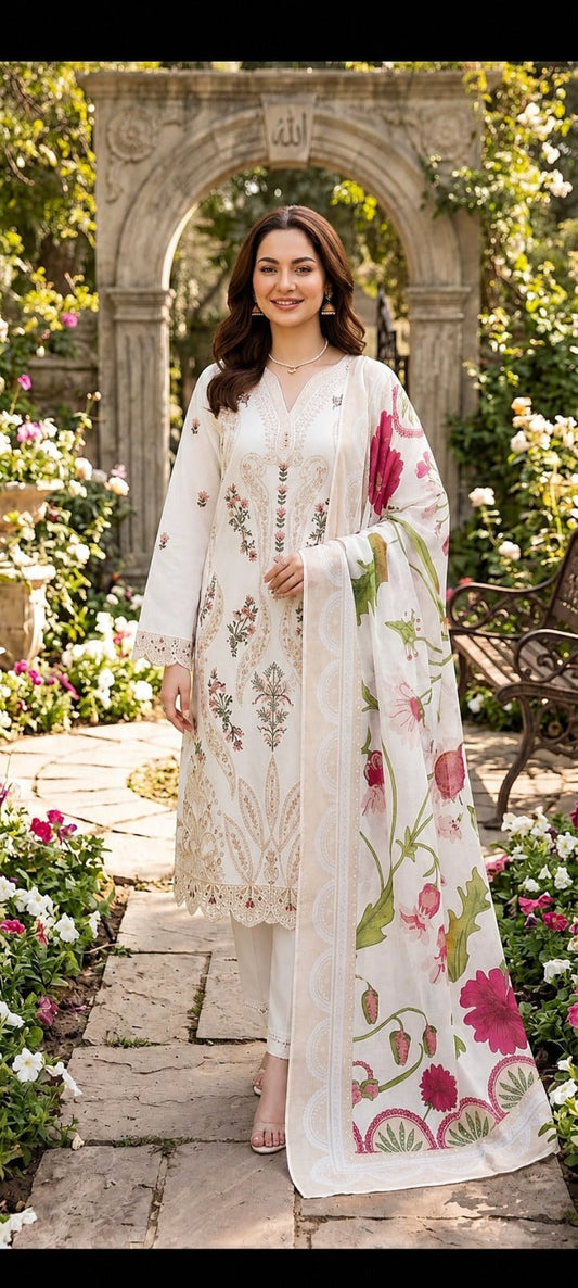 Luxury Stitched Lawn 3-Piece Suit by Bin Muslim - Heavy Front Embroidered(Stitched)