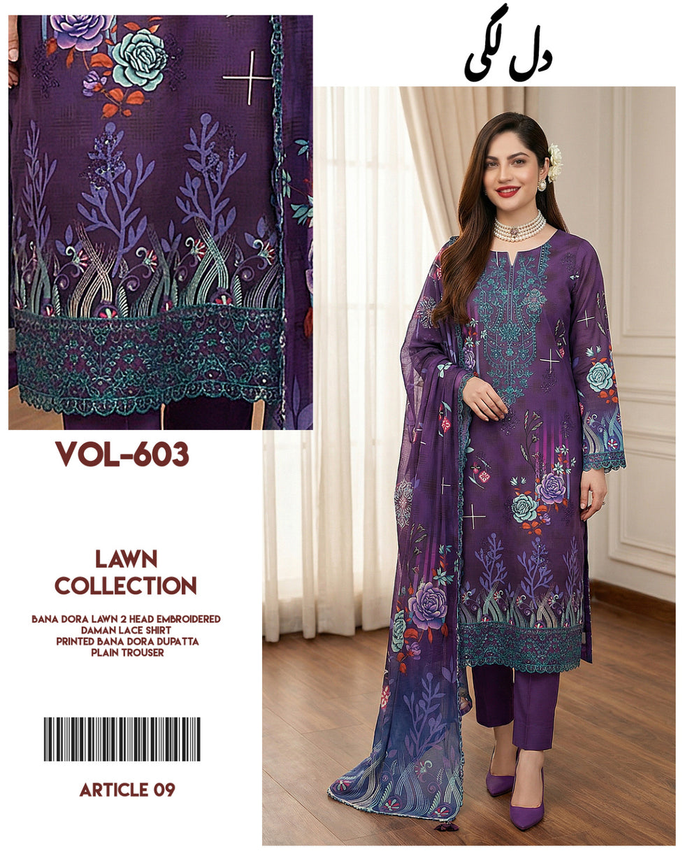 Dil Lagi - 3-Piece Embroidered Bana Dora Lawn Suit(Unstitched)