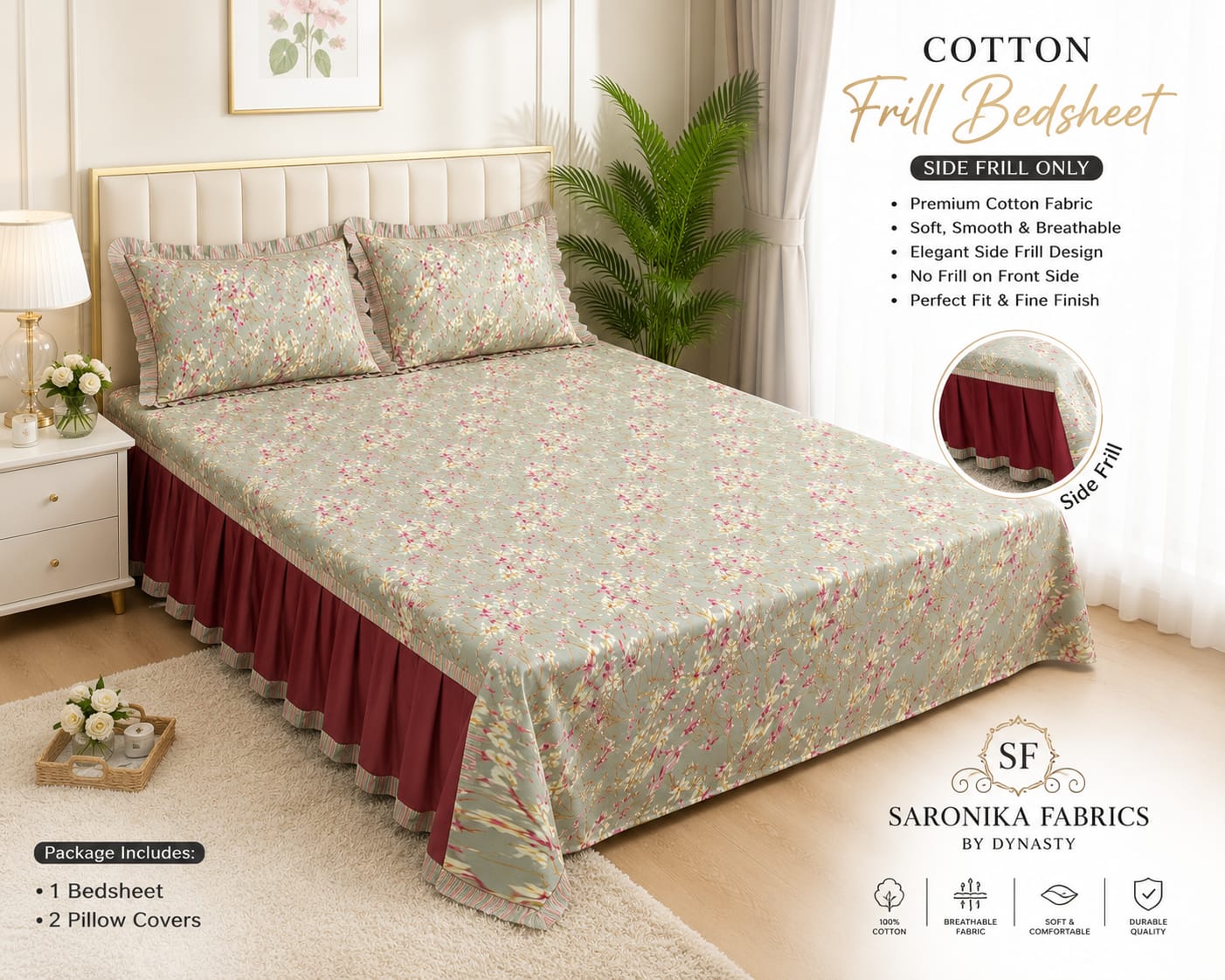 🌸 *Premium Cotton Frill Bedsheet Set 🌸*