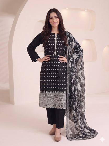 Summer Special Chicken Kari Lawn 3-Piece Suit - Semi-Stitched/Stitched (L, XL)