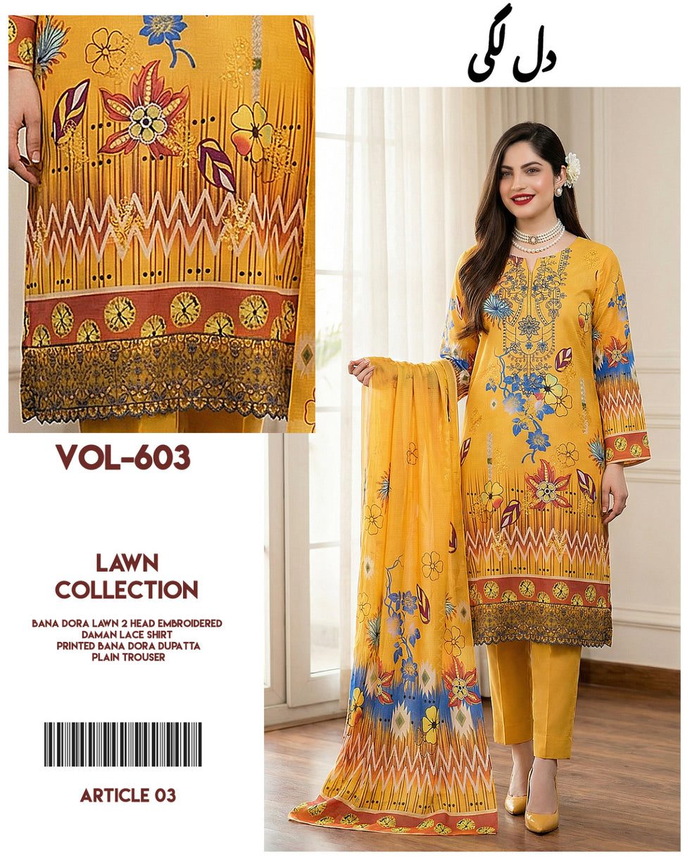 Dil Lagi - 3-Piece Embroidered Bana Dora Lawn Suit(Unstitched)