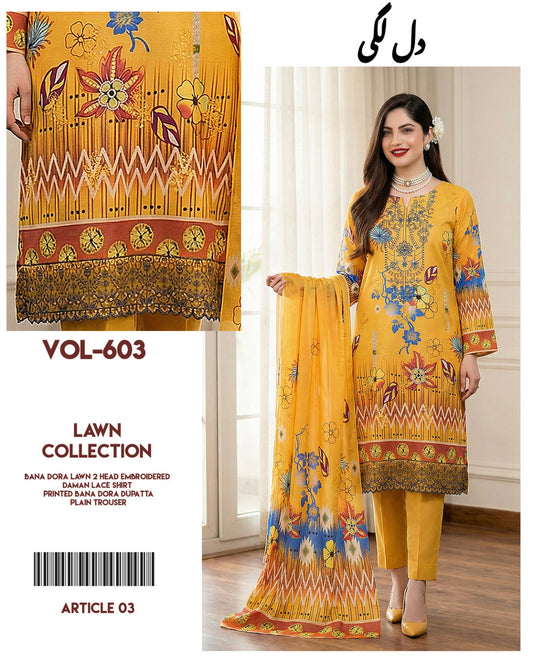Dil Lagi - 3-Piece Embroidered Bana Dora Lawn Suit(Unstitched)