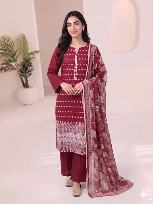 Summer Special Chicken Kari Lawn 3-Piece Suit - Semi-Stitched/Stitched (L, XL)