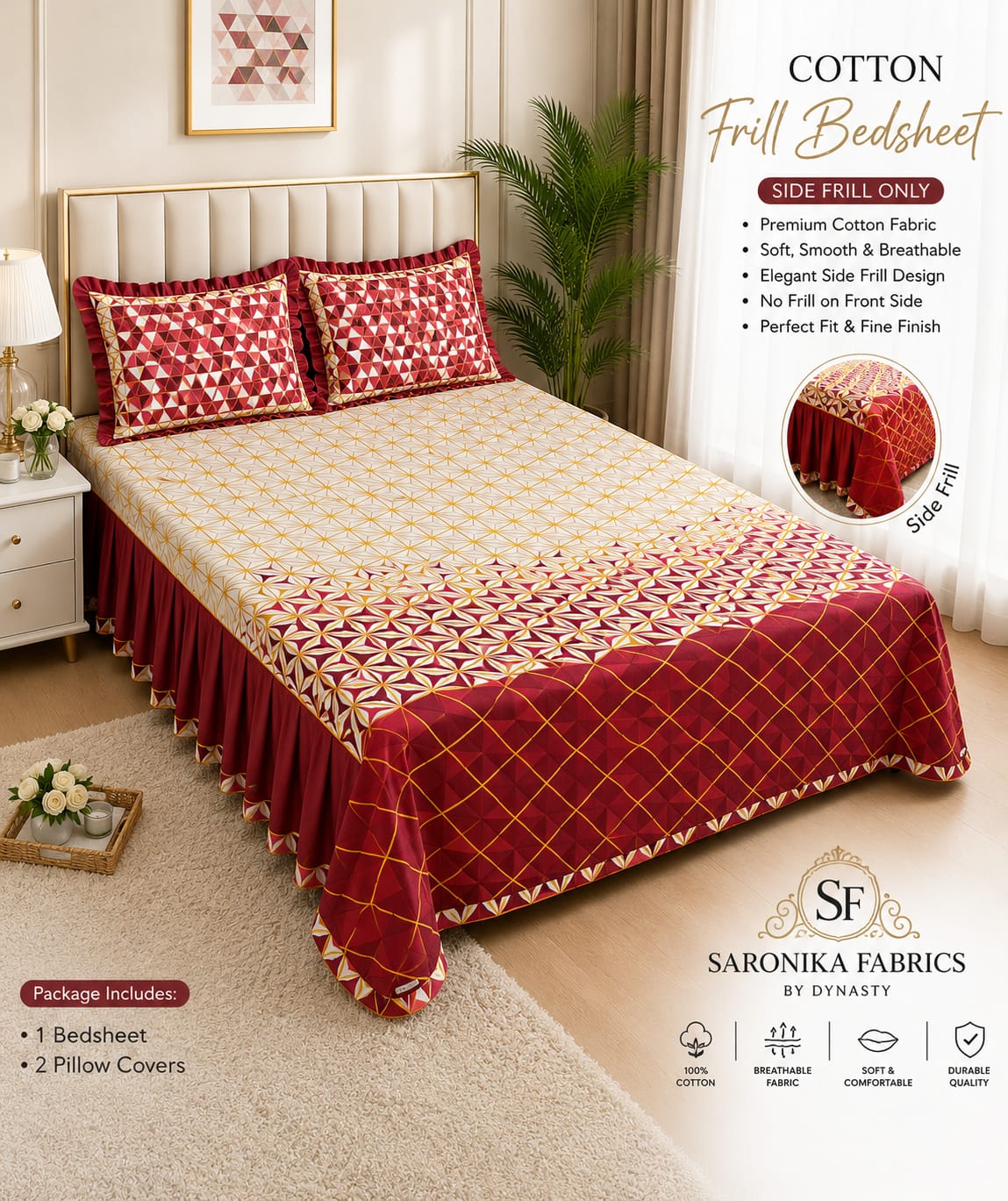 🌸 *Premium Cotton Frill Bedsheet Set 🌸*