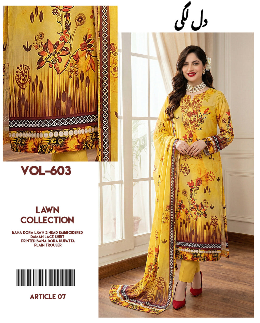 Dil Lagi - 3-Piece Embroidered Bana Dora Lawn Suit(Unstitched)