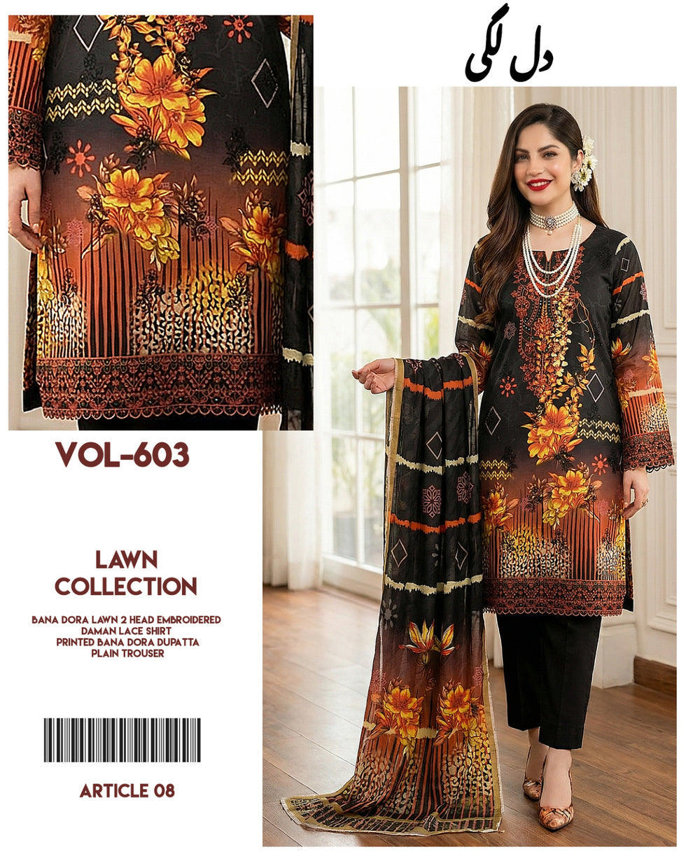 Dil Lagi - 3-Piece Embroidered Bana Dora Lawn Suit(Unstitched)