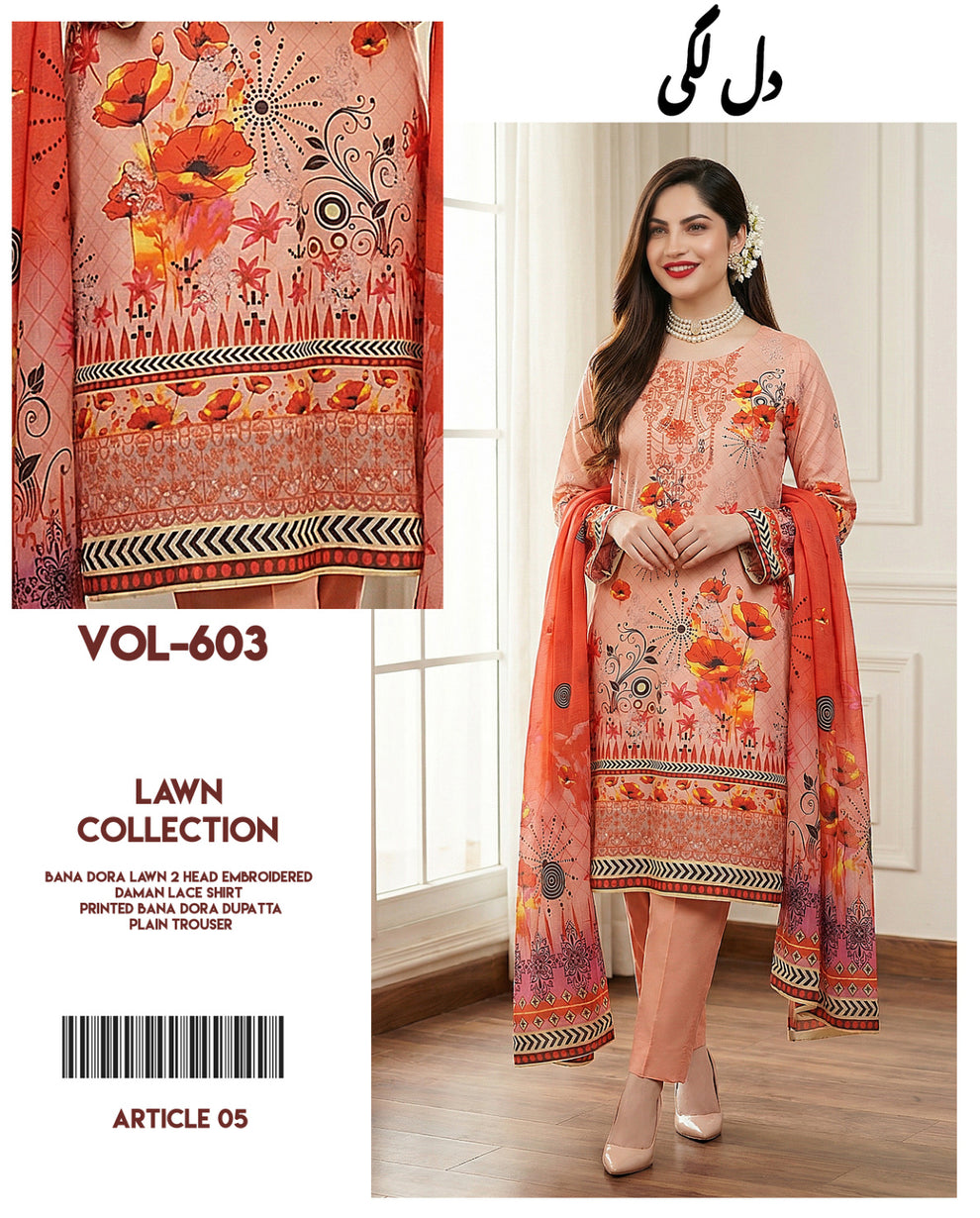 Dil Lagi - 3-Piece Embroidered Bana Dora Lawn Suit(Unstitched)