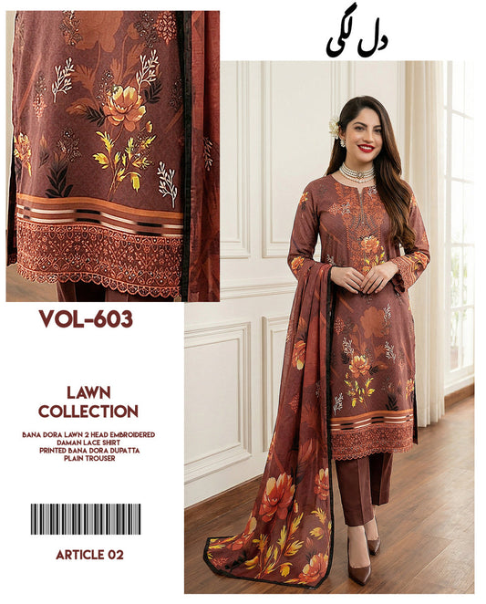 Dil Lagi - 3-Piece Embroidered Bana Dora Lawn Suit(Unstitched)